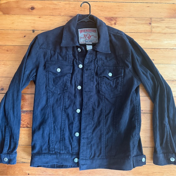 True Religion Mens Jimmy Denim Trucker Jean Jacket L Black 108232 - Picture 1 of 10